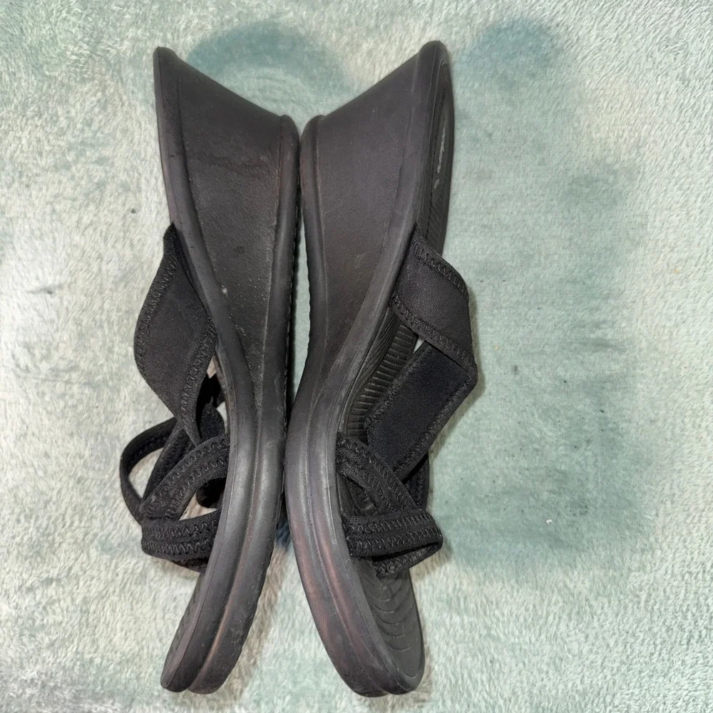 Skechers Women Cali Rumblers Wedge Sandals 10 Black Strappy Comfort Foam